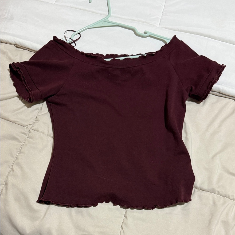 bohme Burgundy Off-Shoulder Lettuce-Edge Crop Top